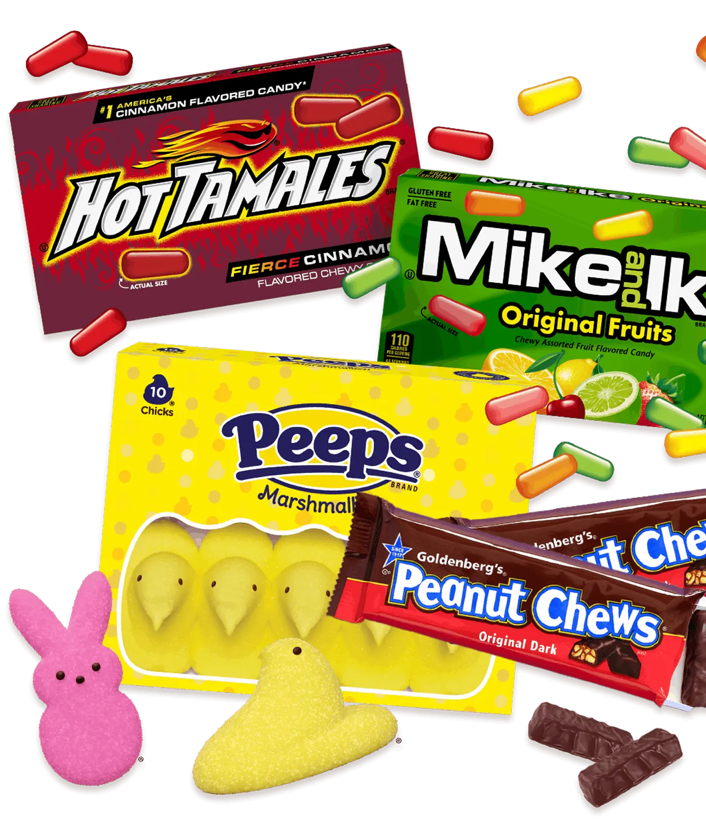 Yellow chick and pink bunny marshmallow Peeps surrounded by colorful, pill-shaped candies on a black background.