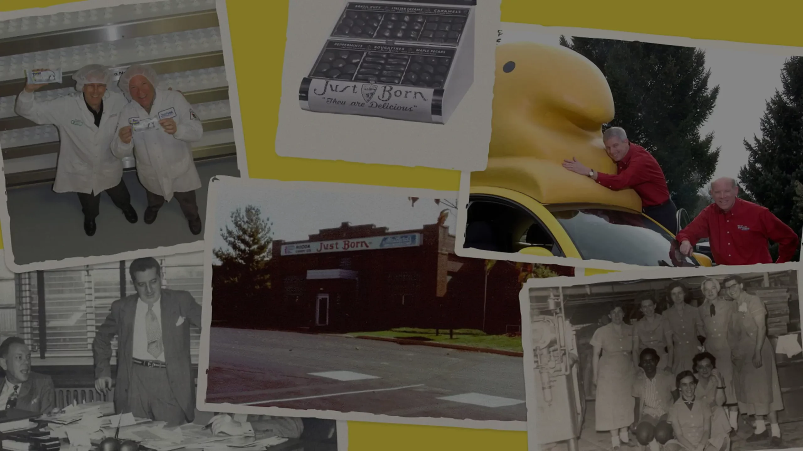 Photo collage showing images of Just Born candy company, including factory workers, the Just Born building, chocolate display, and people posing with a large Peeps chick vehicle mascot.