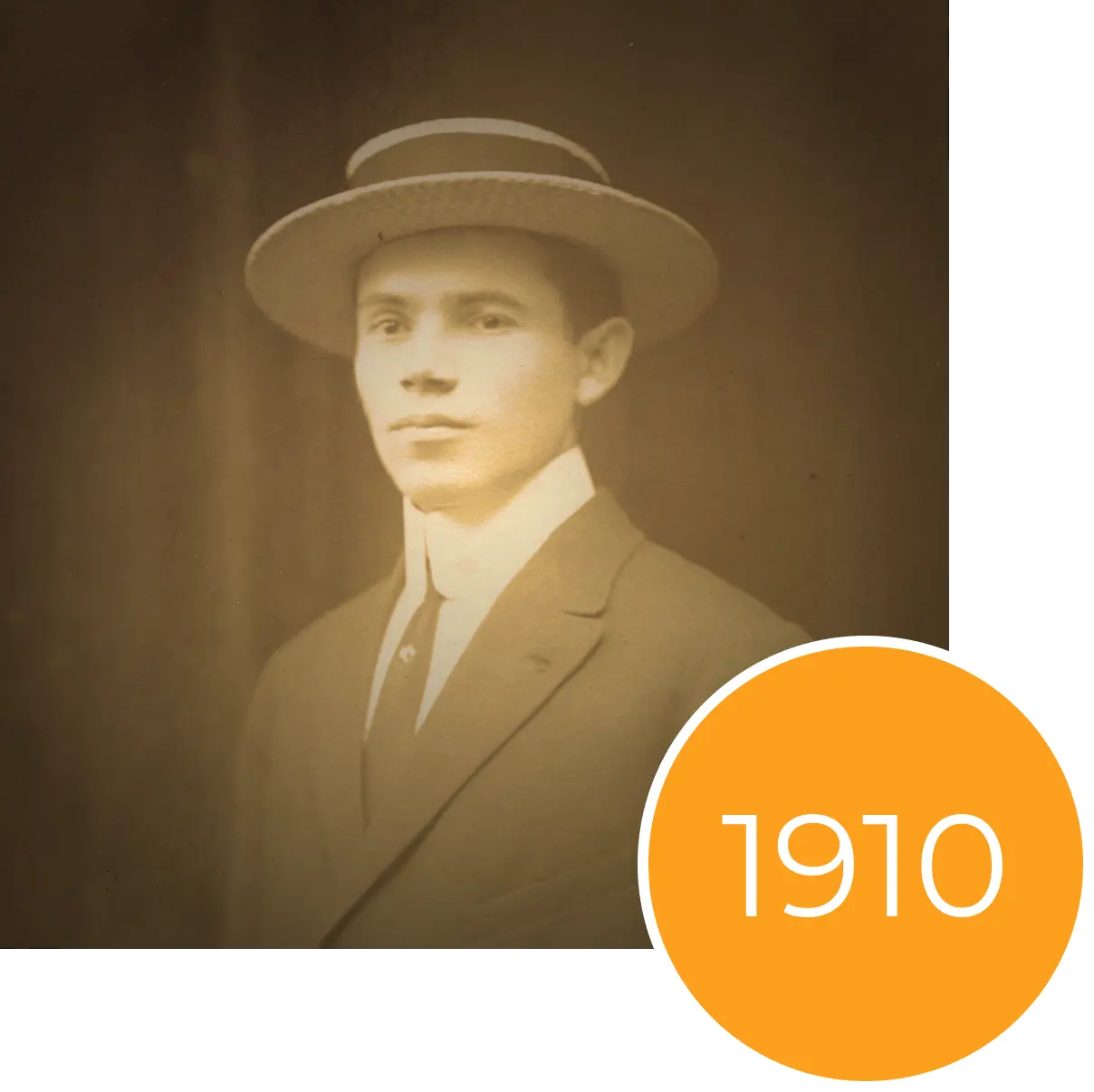 Sepia-toned portrait of a man in a boater hat and suit with a 1910 badge overlay.