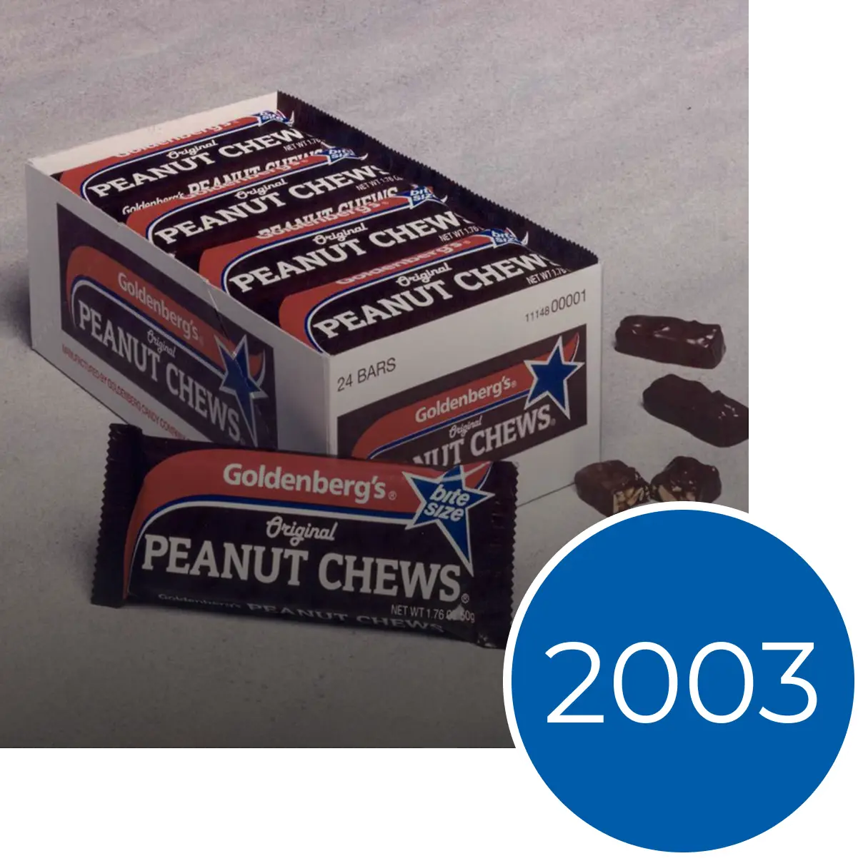 Goldenberg's Original Peanut Chews display box and individual bar wrapper with a blue 2003 graphic overlay.