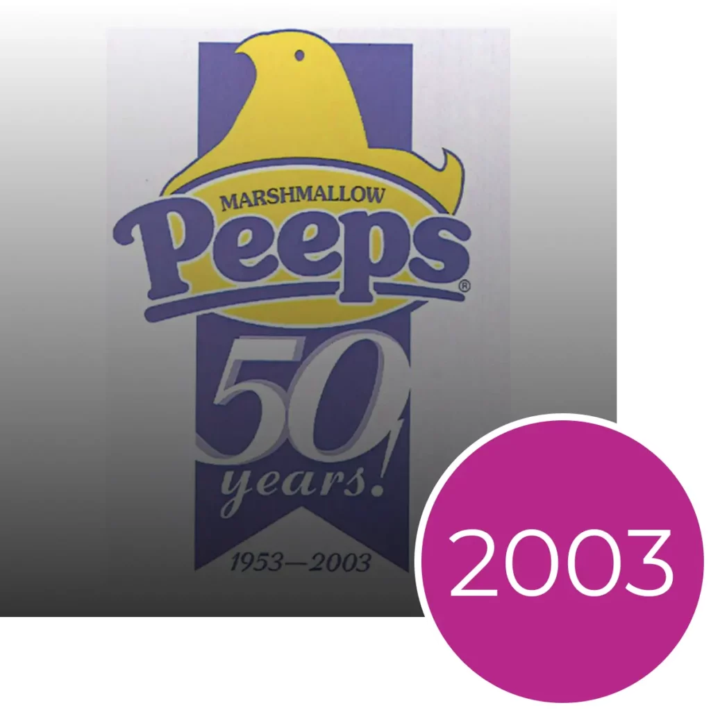 Peeps 50th anniversary logo with a yellow chick, '50 years!' text, 1953-2003 dates, and a pink circle with '2003'.