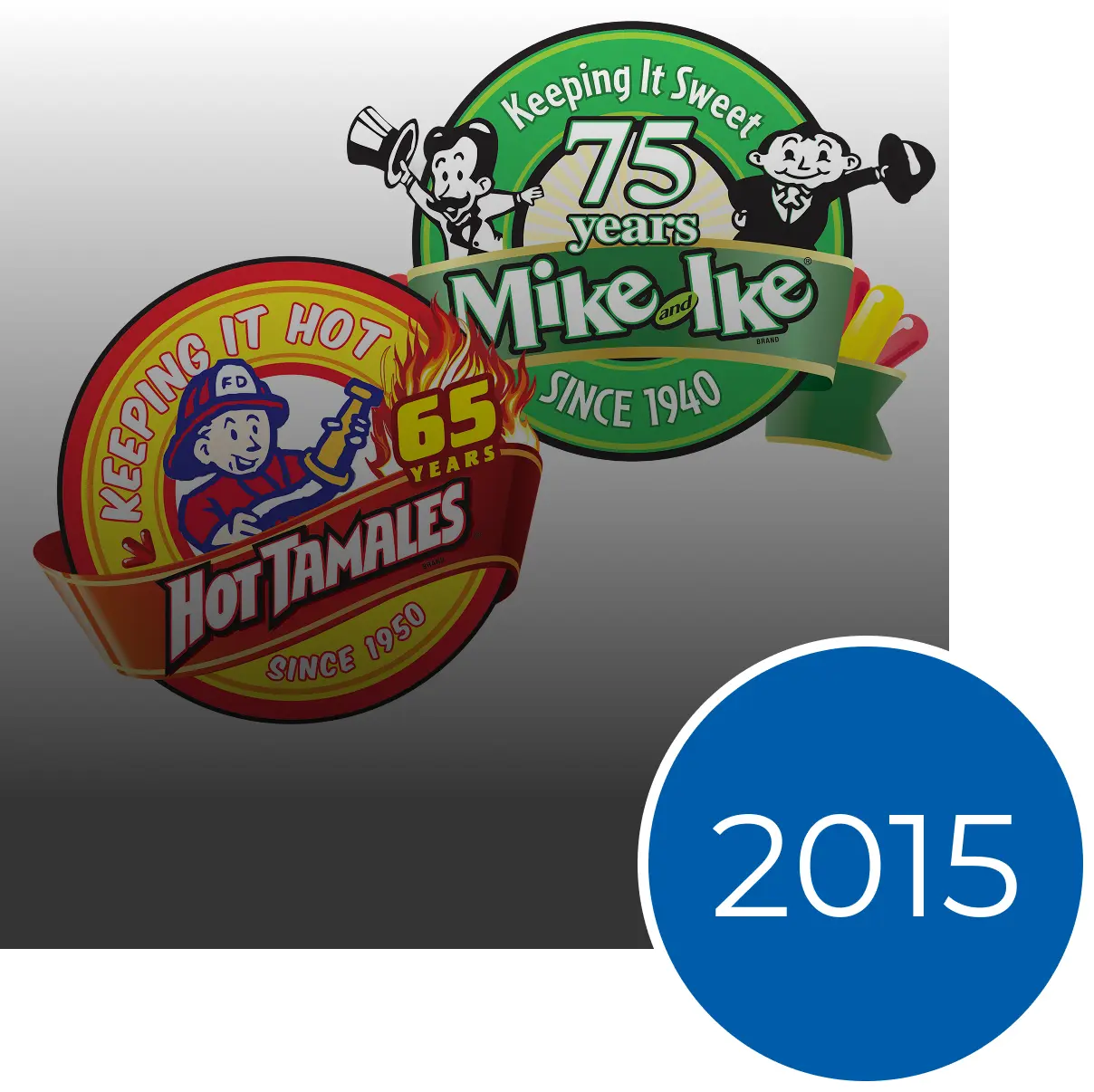 Logos for Mike and Ike's 75th and Hot Tamales' 65th anniversaries, with a blue circle containing the year 2015.