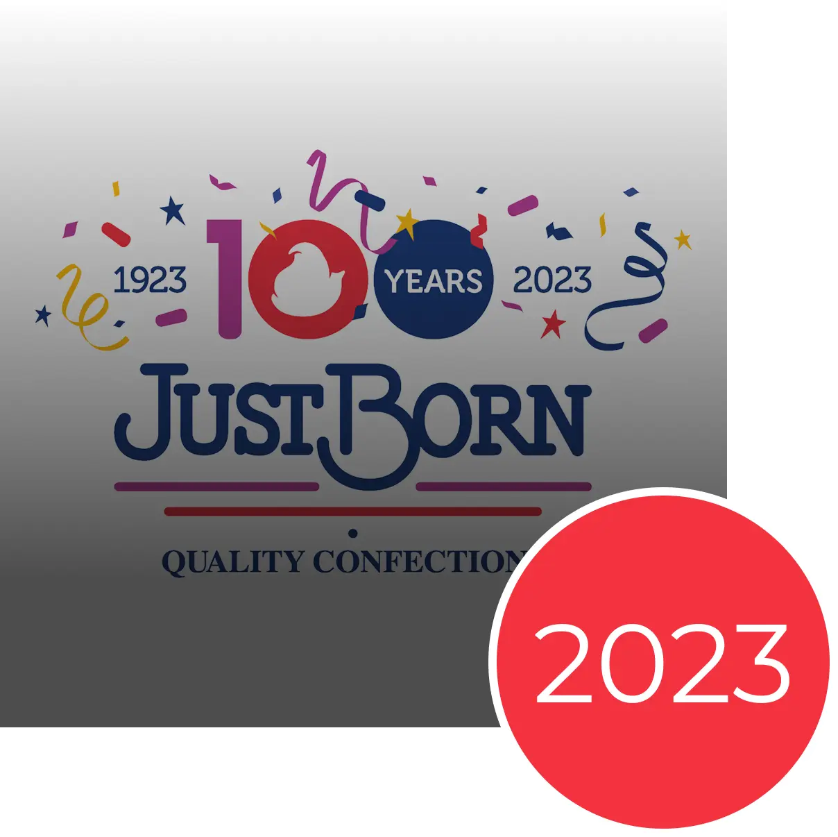 Just Born Quality Confections 100th anniversary logo with confetti, 1923-2023, and a large red 2023 circle.