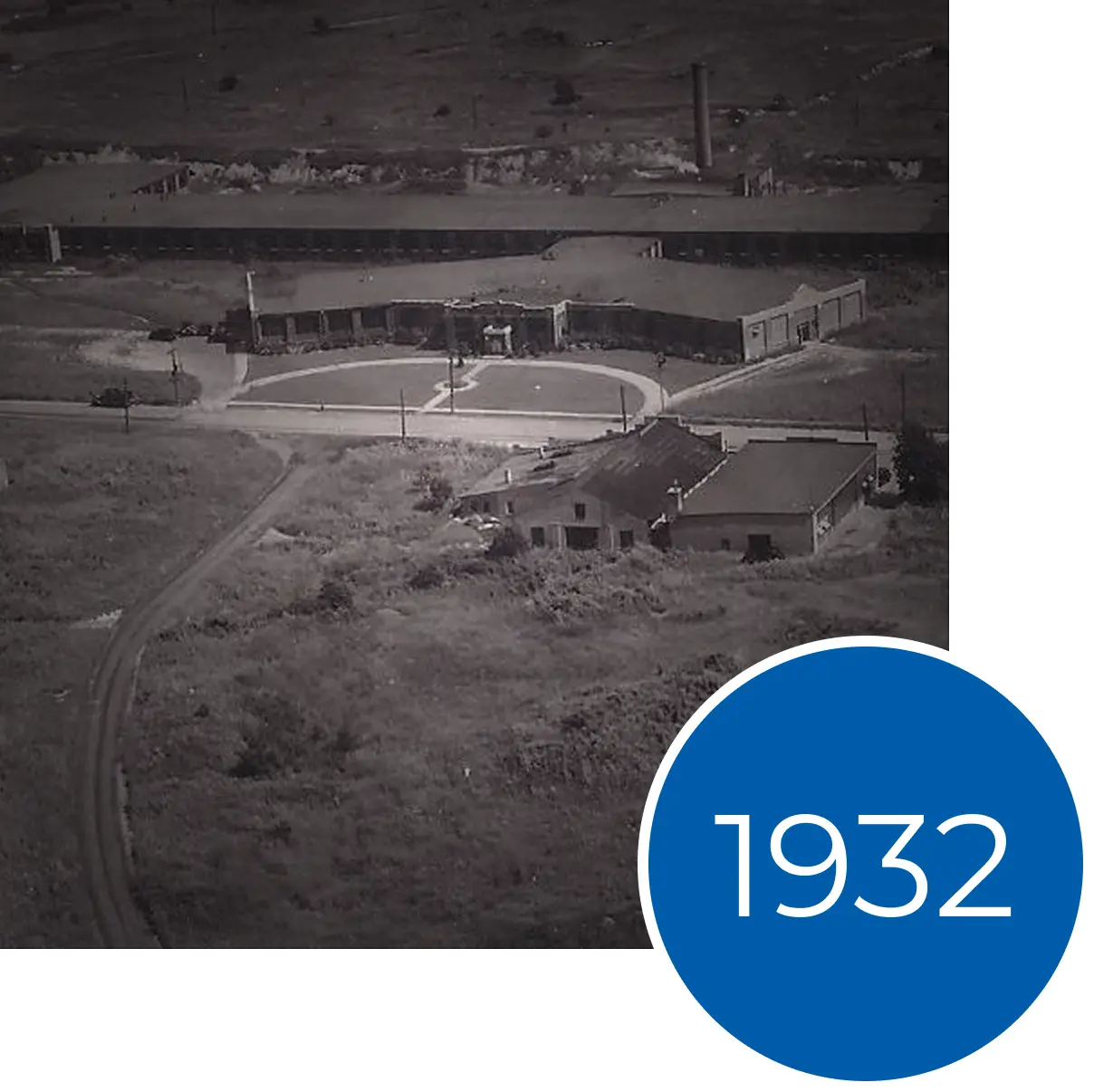 Aerial black and white photo of a 1932 industrial building complex with a circular driveway and blue text overlay.