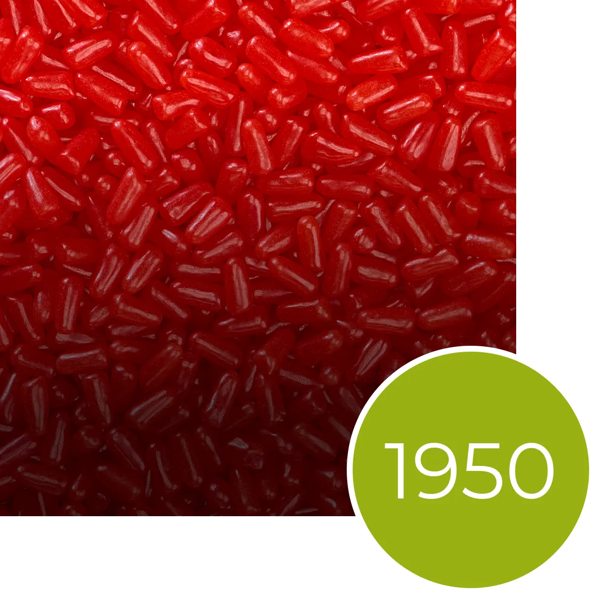 Small red candies with a number 1950