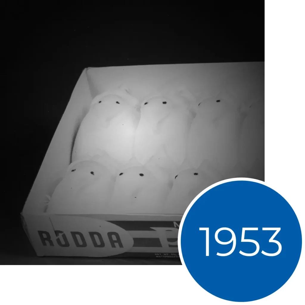 Black and white photo of a box of white marshmallow chick treats with a blue 1953 graphic overlay.