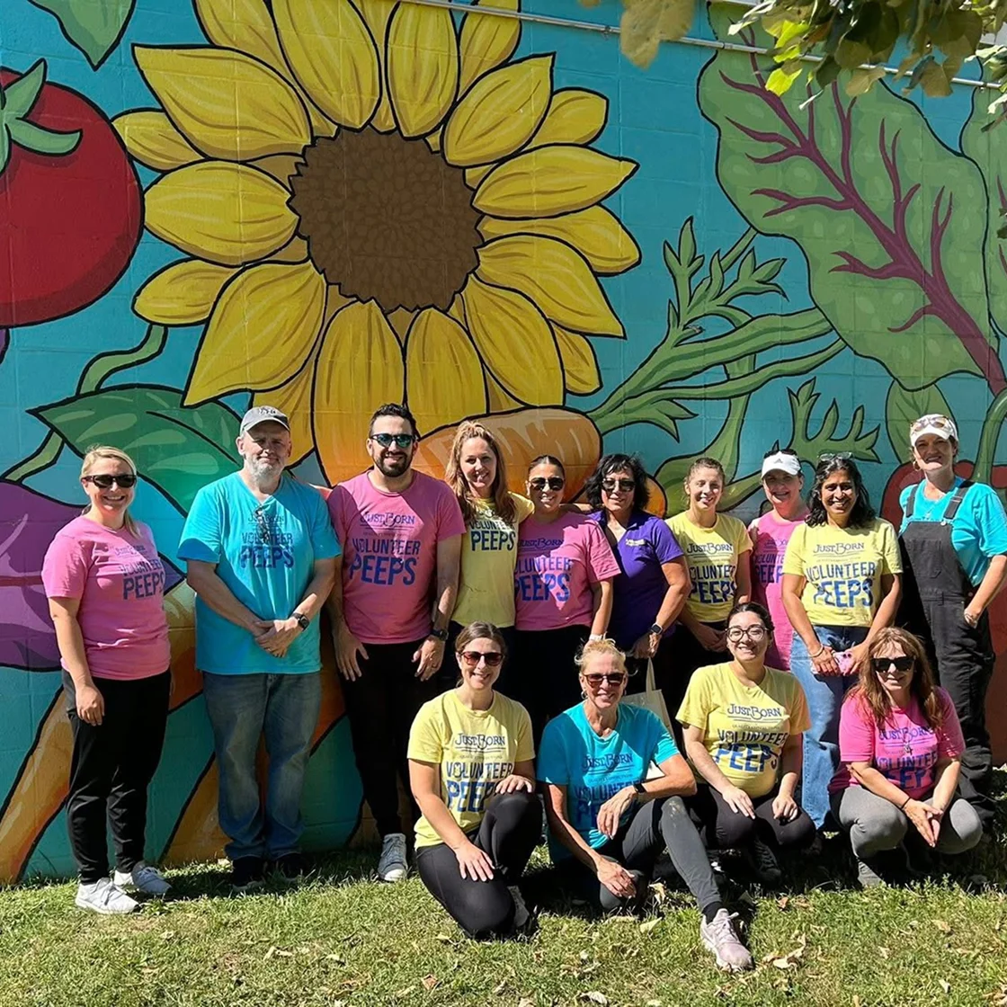 Group of volunteers wearing colorful shirts pose outdoors in front of a large mural featuring a sunflower and vegetables, standing and kneeling on grass in bright sunlight.